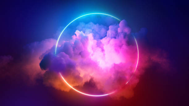 istock 3d render, colorful neon ring glowing inside the stormy cloud on the dark sky, abstract background 1403435073
