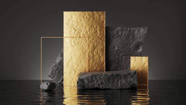 istock 3d render, abstract futuristic background with showcase scene for product presentation. Gold geometric shapes and black cobble stone rocks, water with reflection. Unique wallpaper 1403435109