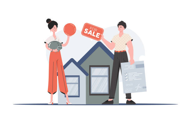 ilustrações, clipart, desenhos animados e ícones de a garota está comprando uma casa. corretor com tabular para venda e documento. conceito de compra de imóveis. ilustração vetorial de tendência. - real people illustrations