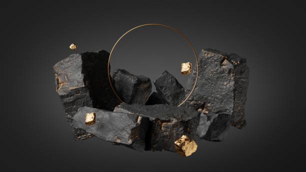 istock 3d render, abstract background with black cobblestone ruins, broken rocks, round frame and golden nuggets. Modern minimal showcase scene with blank space for product presentation 1403435695