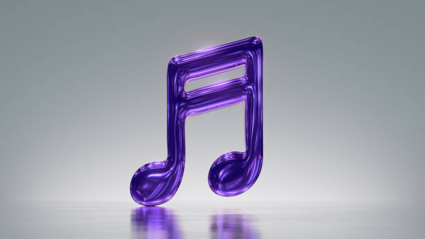 istock 3d render. Metallic musical notes sound symbol, audio clip art isolated on silver background. Violet shiny glass icon 1403435723