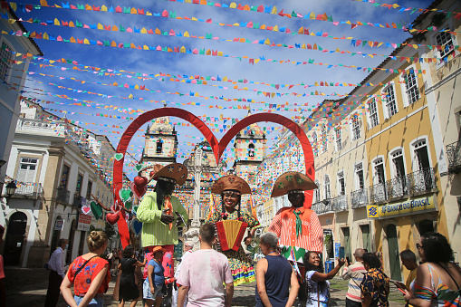 salvador, bahia, brazil - june 16, 2022: Decorative banners seen in the ornamentation for the festivities of Sao Joao in Pelourinho, Historic Center of the city of Salvador.