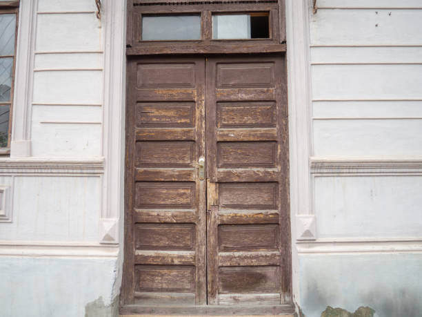 Old brown door. Ancient gate. Shabby architecture. architecture details\