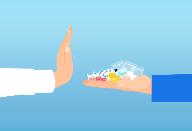 Vector of a man rejects drugs when being offered Vector of a young man rejects drugs when being offered giving medication stock illustrations