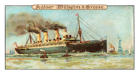 Ship Kaiser Wilhelm der Grosse arriving at New York
Doppelschraubenschnelldampfer of Norddeutsche Lloyd built in 1897 - 198m long 20m wide. 27000 HP.
400 passenger I Class, 350 passenger II Class, 800 passengers III Class. Crew 450

Art Nouveau is an international style of art, architecture, and applied art, especially the decorative arts, known in different languages by different names: Jugendstil in German, Stile Liberty in Italian, Modernisme català in Catalan, etc. In English it is also known as the Modern Style. The style was most popular between 1890 and 1910 during the Belle Époque period that ended with the start of World War I in 1914.
Original edition from my own archives
Source : Stollwerck 1899 Sammelalbum 3