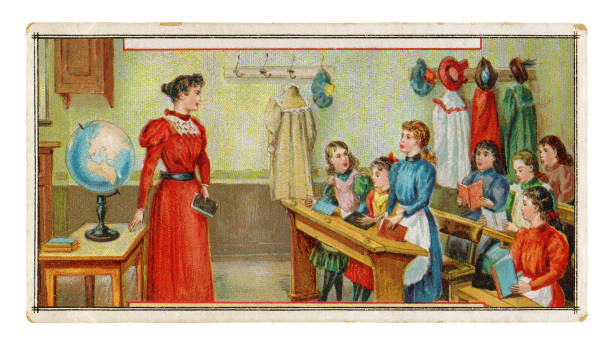 Woman teacher teaching girls class art nouveau illustration 1899Art Nouveau is an international style of art, architecture, and applied art, especially the decorative arts, known in different languages by different names: Jugendstil in German, Stile Liberty in Italian, Modernisme català in Catalan, etc. In English it is also known as the Modern Style. The style was most popular between 1890 and 1910 during the Belle Époque period that ended with the start of World War I in 1914.Original edition from my own archivesSource : Stollwerck 1899 Sammelalbum 3