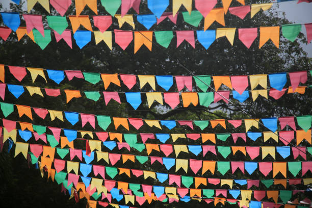 decoration of Sao Joao in Pelourinho salvador, bahia, brazil - june 16, 2022: Decorative banners seen in the ornamentation for the festivities of Sao Joao in Pelourinho, Historic Center of the city of Salvador. quadrille to stock pictures, royalty-free photos & images