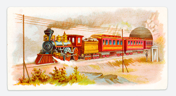 Steam train in Wild West Art nouveau illustration 1899

Art Nouveau is an international style of art, architecture, and applied art, especially the decorative arts, known in different languages by different names: Jugendstil in German, Stile Liberty in Italian, Modernisme català in Catalan, etc. In English it is also known as the Modern Style. The style was most popular between 1890 and 1910 during the Belle Époque period that ended with the start of World War I in 1914.
Original edition from my own archives
Source : Stollwerck 1899 Sammelalbum 3