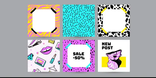 Vector illustration of colorful Instagram social media backgrounds with acid ancient sculpture in 90s 1980s style. neon retro trendy vector textures for fashion content