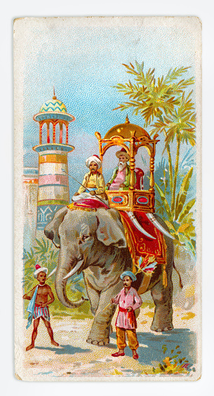 Maharaja on elephant in India art nouveau illustration 1899
Art Nouveau is an international style of art, architecture, and applied art, especially the decorative arts, known in different languages by different names: Jugendstil in German, Stile Liberty in Italian, Modernisme català in Catalan, etc. In English it is also known as the Modern Style. The style was most popular between 1890 and 1910 during the Belle Époque period that ended with the start of World War I in 1914.
Original edition from my own archives
Source : Stollwerck 1899 Sammelalbum 1-2