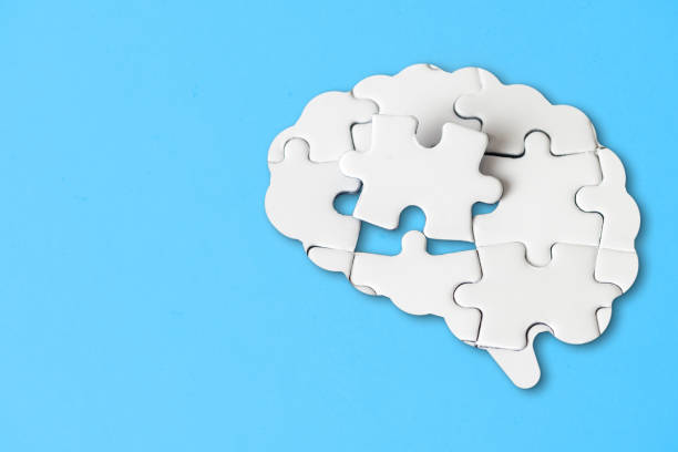 Missing piece in the brain shaped jigsaw puzzle fits into place. stock photo