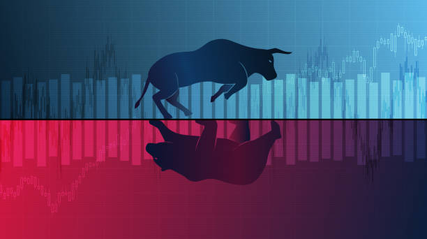 istock Abstract financial chart with bull and bear in stock market on neon colour background 1403444664