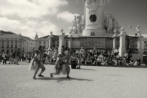 Fountain of the Seas on Place de la Concorde square in Paris  in black and white in France