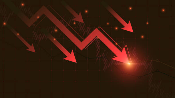 istock Widescreen abstract financial chart with downtrend line graph arrow in stock market in red colour background 1403445115