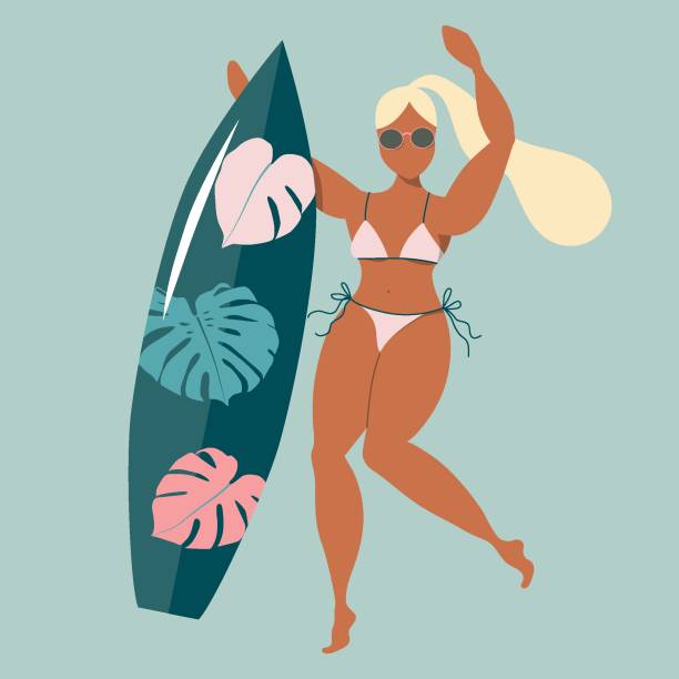 サーフボードを着た金髪の少女。サーフィンボードを持つ女性。 - blond hair cartoon women beach点のイラスト素材／クリップアート素材／マンガ素材／アイコン素材