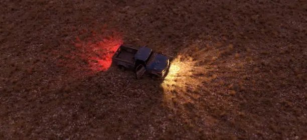 Pickup truck with illuminated lights stands in a grass plain in a desert. Aerial view. 3D render.