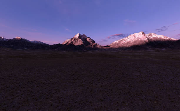 istock Prairie with vast grass plain and mountains on the horizon at sunset. 3D render. 1403445610