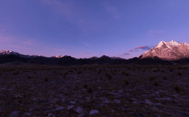 istock Prairie with vast grass plain and mountains on the horizon at sunset. 3D render. 1403445614