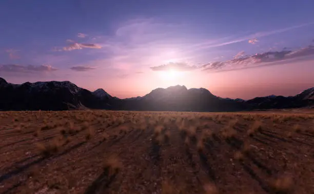 Prairie with vast grass plain and mountains on the horizon at sunset. 3D render.