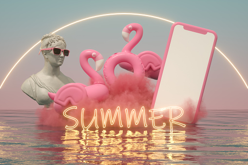 Blank screen mobile phone and bust sculpture cloud on sea summer holiday travel background with neon lights, 3d render.