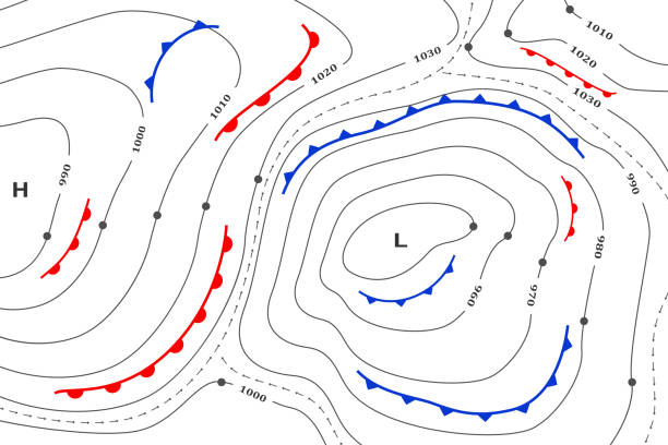 illustrazioni stock, clip art, cartoni animati e icone di tendenza di previsioni mappa meteo. mappa meteorologica meteorologica. modello infografico di mappa del sistema climatico generico per la previsione sinottica con pressione, fronte vento di direzione, diagramma ciclonico, isobare meteorologiche. - cyclone