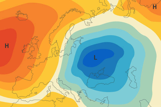 illustrazioni stock, clip art, cartoni animati e icone di tendenza di mappa meteorologica delle previsioni meteorologiche. modello o mappa che mostra il movimento di fronti caldi e freddi, isobare, ciclone di temperatura, diagramma del vento. moderna progettazione dell'interfaccia della tecnologia di previsione del clima. - meteorology