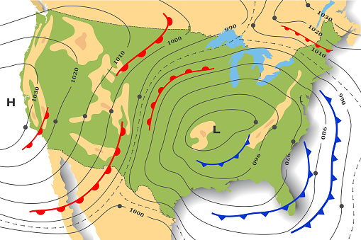 Forecast weather map of America. Topography map. Geography landforms and elevation. Template of synoptic map with movement fronts cyclone and anticyclone wind in graphic chart, isobar, temperature