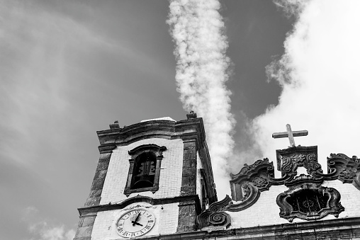Salvador, Bahia, Brazil - May 08, 2022: Facade of Senhor do Bonfim church against blue sky in Salvador, Bahia.