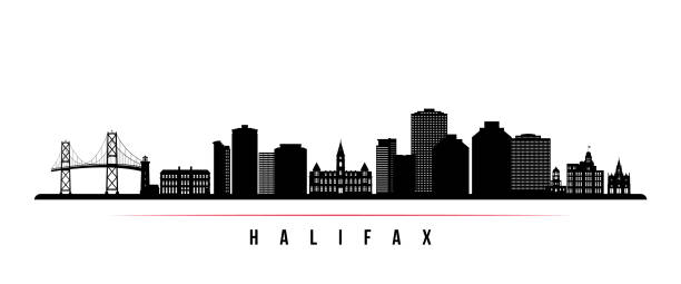 illustrazioni stock, clip art, cartoni animati e icone di tendenza di bandiera orizzontale dello skyline di halifax. siluetta in bianco e nero di halifax, nuova scozia. modello vettoriale per il tuo design. - scotia