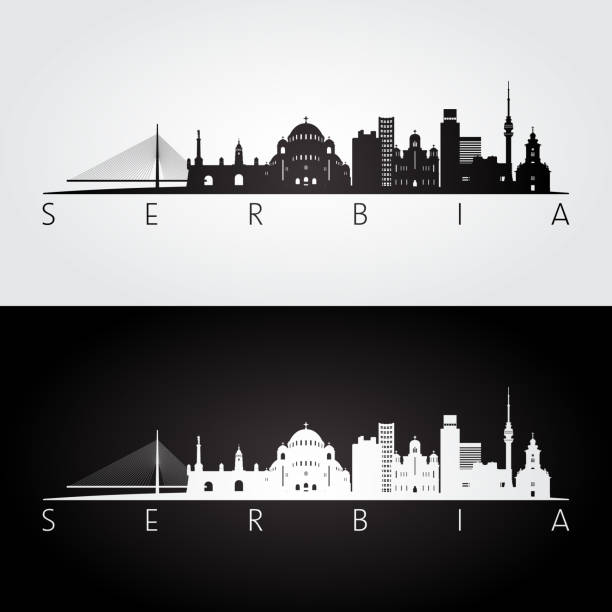 горизонт сербии и силуэт достопримечательностей, черно-белый дизайн, векторная иллюстрация. - belgrade serbia stock illustrations