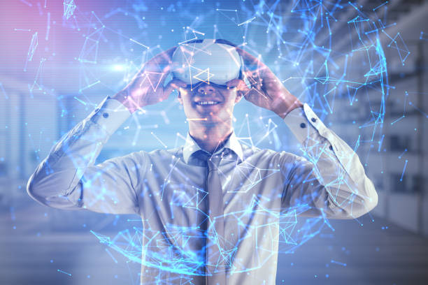 istock Virtual office and VR networking concept with young man in modern headset and digital glowing sphere symbolizing world net 1403450988