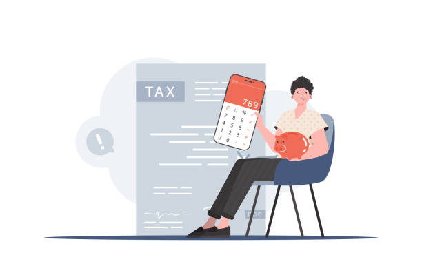 A man sits in a chair and holds a calculator and a piggy bank in his hands. The concept of payment and calculation of taxes. Vector illustration. A man sits in a chair and holds a calculator and a piggy bank in his hands. The concept of payment and calculation of taxes. Vector illustration. piggy bank calculator stock illustrations