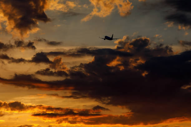 istock Silhouette of an airplane flying at sunset clouds. 1403452173