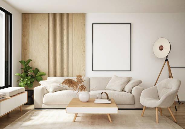 istock mock up poster frame in modern interior background, living room, Scandinavian style, 3D render, 3D illustration 1403452840