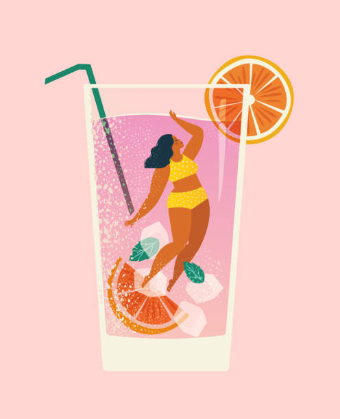 illustrazioni stock, clip art, cartoni animati e icone di tendenza di vibrazioni estive, donna che si tuffa divertimento contro l'enorme bicchiere di cocktail rosa, frullato di frutta, nuotare in piscina, bere bevande fredde sulla spiaggia - water with glass cocktail