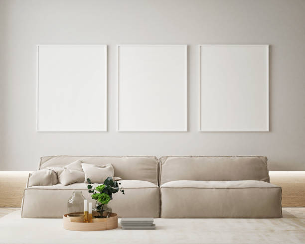 istock mock up poster frame in modern interior background, living room, Scandinavian style, 3D render, 3D illustration 1403453285