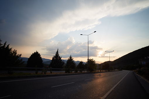 sunset, road, sky