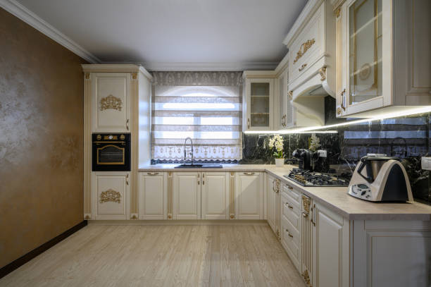 istock White classic cozy kitchen and dining room in city house 1403454175
