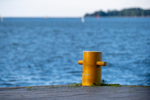 Empty boat slips during the winter on a lake.