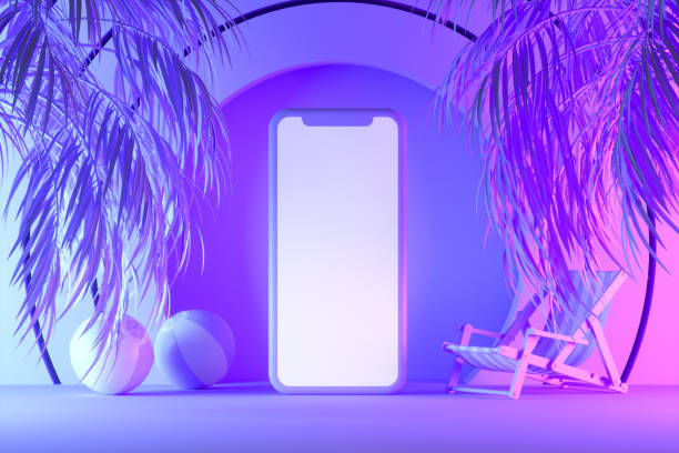 istock Blank screen smart phone summer holiday travel background neon lighting palm trees 1403455807