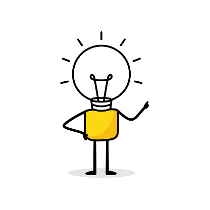 Man with a light bulb head on white background. Hand drawn doodle stickman. Idea and creativity concept. Vector stock illustration
