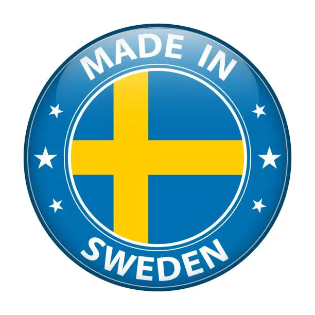 Vector illustration of Made in Sweden badge vector. Sticker with stars and national flag. Sign isolated on white background.