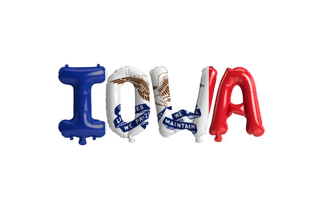 3d illustration of iowa-letter balloons with state flag colors isolated on white background 3d illustration of iowa-letter balloons with state flag colors isolated on white background iowa flag stock pictures, royalty-free photos & images