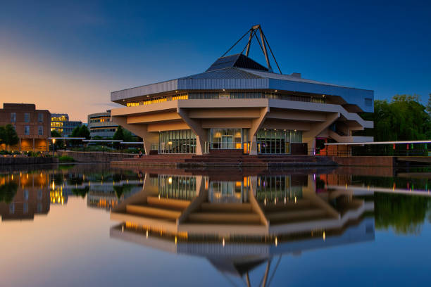 University of York Central Hall A blue hour shot of the Central Hall and Lake at York University york yorkshire stock pictures, royalty-free photos & images