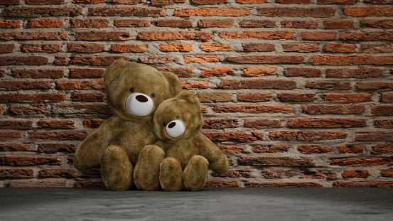 Couple of brown teddy bears sitting near a brick wall, 3d rendering