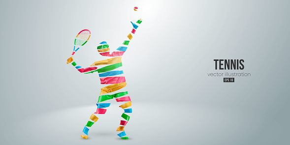 Abstract silhouette of a tennis player on white background. Tennis player man with racket hits the ball. Vector illustration