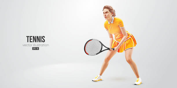 白い背景にテニス選手のリアルなシルエット。ラケットを持ったテニス選手の女性がボールを打つ。ベクターイラストレーション - tennis ball audio点のイラスト素材／クリップアート素材／マンガ素材／アイコン素材