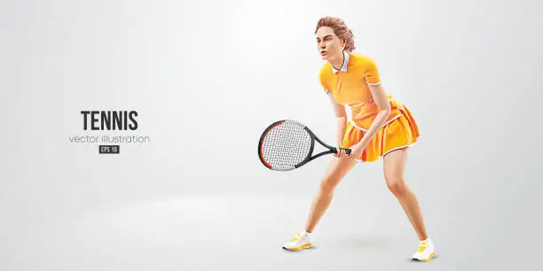 Vector illustration of Realistic silhouette of a tennis player on white background. Tennis player woman with racket hits the ball. Vector illustration