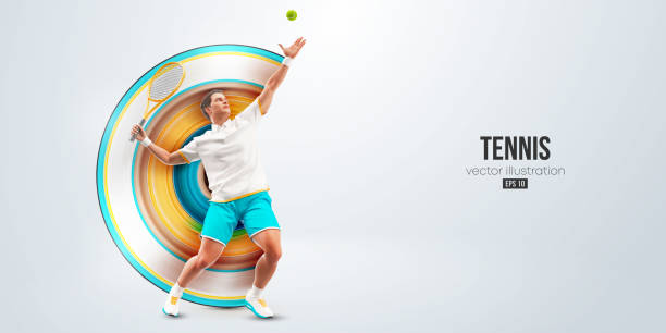 白い背景にテニス選手のリアルなシルエット。ラケットを持ったテニス選手の男がボールを打つ。ベクターイラストレーション - tennis ball audio点のイラスト素材／クリップアート素材／マンガ素材／アイコン素材