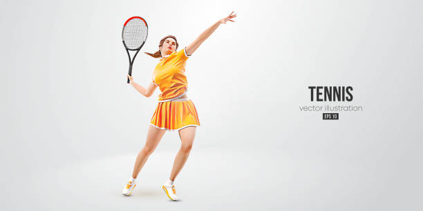 illustrazioni stock, clip art, cartoni animati e icone di tendenza di silhouette realistica di un tennista su sfondo bianco. la tennista donna con la racchetta colpisce la palla. illustrazione vettoriale - tennis silhouette tennis racket tennis ball